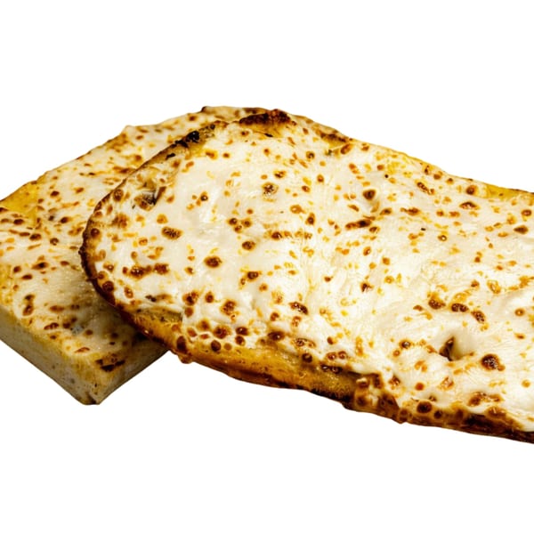 Two pieces of golden-brown cheesy bread with melted, bubbly cheese on a white background.