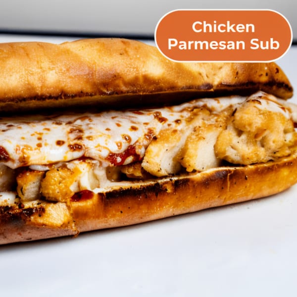A close-up of a Chicken Parmesan Sub, featuring melted cheese and chicken in a toasted bun.