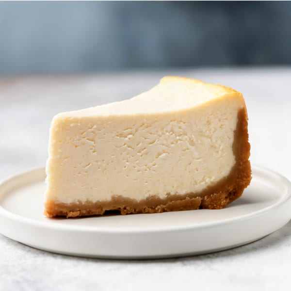 A slice of classic cheesecake with a graham cracker crust on a white plate.